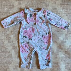 Calvin Klein Pink and Gray Floral Baby Romper with Ruffled Shoulders size 3-6M